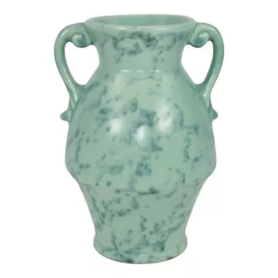 Rumrill 1930s Vintage Art Deco Pottery Mottled Green Ceramic Handled Vase 287 • $125