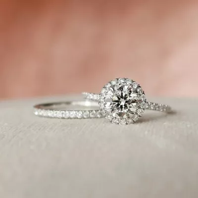 Amazing Bridal Set 3.12Ct Halo Round Moissanite 14K White Gold Ring For Occasion • $278.37