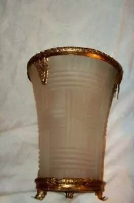 Antique French Filigree Ormolu Satin Glass Vase Etched Plaid Grid Maker Unknown • $135