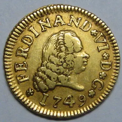 1749 Madrid 1/2 Escudo Ferdinand Vi Spain Gold Doubloon Spanish Colonial Era • $365