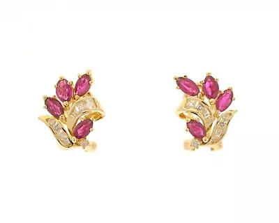 Estate Vintage 14K Yellow Gold Marquise Ruby & Round / Baguette Diamond Earrings • $1195