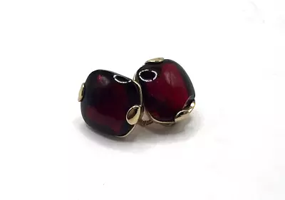 Vtg Signed Monet Earrings Garnet Red Prong Set Gold Brass Plated Clip-ons • $12.50