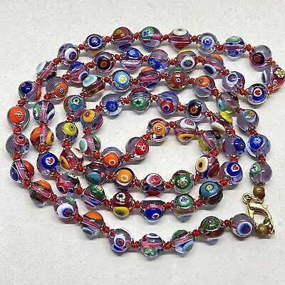 Vintage Murano Millefiori Transparent Clear Beaded Necklace Hand Knotted 30  • $76.95