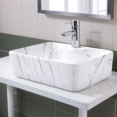 Bathroom Counter Top Ceramic Wash Basin Cloakroom Sink Rectangular White Marble • £55.95