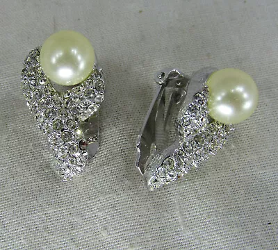 Vintage MARVELLA Silver Tone Pave Rhinestone / Pearl Clip On Earrings • $5