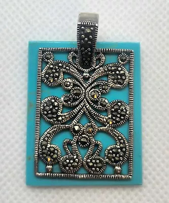 Vintage Filigree Marcasite Rectangle Pendant 925 Sterling Silver With Turquoise • $25