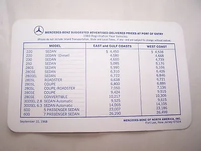 1969 Mercedes 280sl 280sec Owners Price Card W113 W111 Parts Service 600 Limo • $34.99