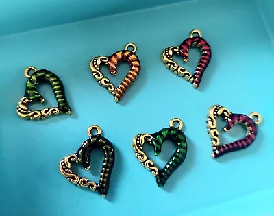 5 Enamel Heart Charms Antiqued Gold Assorted Lot Mixed Valentines Jewelry • $4.95