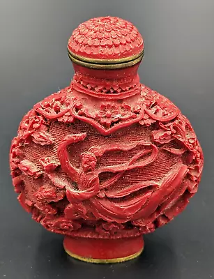 Vintage Chinese Cinnabar Dancing Lady Floral Snuff Bottle • $69