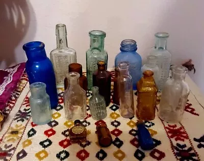 20 Vintage Antique Glass Medicine Perfume BOTTLES Collection Listerine Vicks ++ • $35.50
