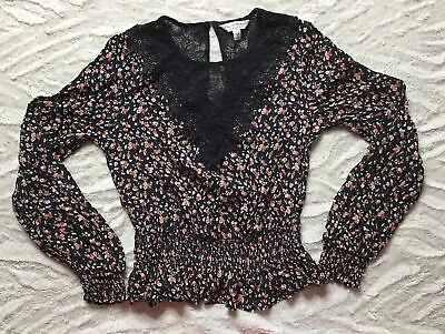 Miss Selfridge Black Floral Top/Blouse With Black Lace Trim -  Sz 8 • £5.99