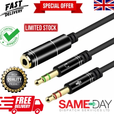 £3.79 • Buy Headset Adapter Splitter Jack Cable With Separate Audio And Mic Headphone 3.5mm