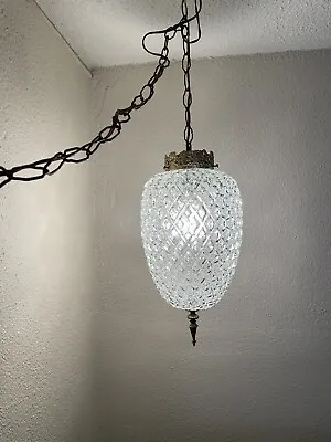 Vtg 16” Pineapple Diamond Cut Glass Hanging Swag Lamp Light 1960's-70's Works • $224.99