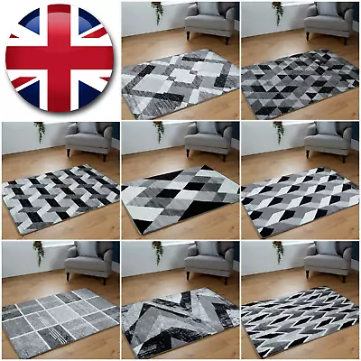 Grey Area Rugs Large Small Geometric Pattern Modern Living Room Bedroom Carpet • £13.79