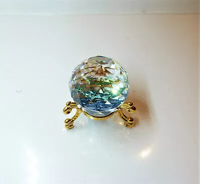 Vintage Round Crystal Ball Paperweight In Yellow Green Tones 40mm W/gold Stand • $14.99