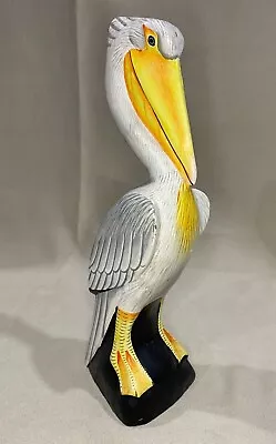 White Wood Pelican Carved Wood Tropical Coastal Sculpture Bird Decor 12  • $15