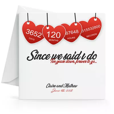 £2.95 • Buy Personalised 10th Wedding Anniversary Card - Printed Hearts Wife Husband Tenth