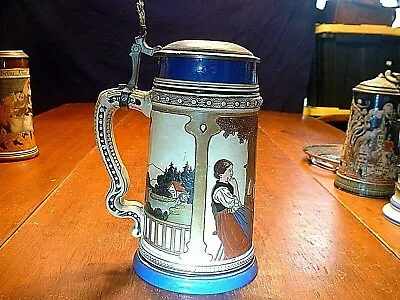 Lg Antique 1900 German 1 Liter Musterschutz Incised Stein With Inlaid Lid AJT • $225