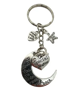 I LOVE YOU TO THE MOON AND BACK SPECIAL DAUGHTER KEYRING Heart Charm Gift + Bag • £4.97
