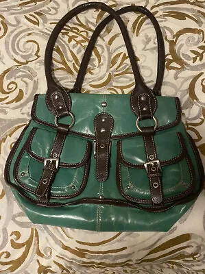 Vintage Sophia Visconti Green Leather Satchel.  Lined. Front Exterior Pockets. • $20