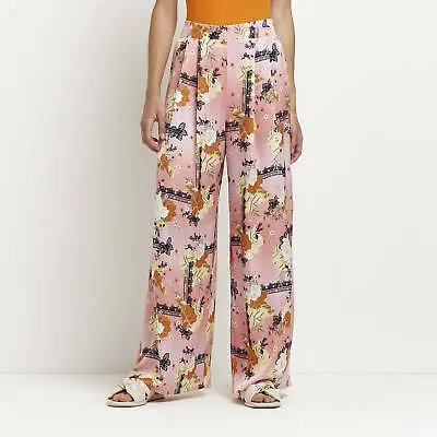£7 • Buy River Island Womens Trousers Pink Light Floral Palazzo Wide Leg Pants Bottoms