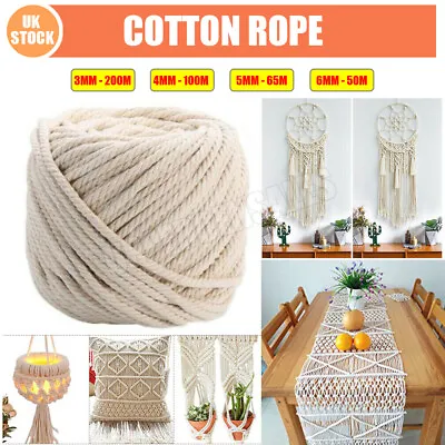 3/4/5/6mm 200M Natural Cotton Twisted Cord Craft Macrame Artisan Rope String NEW • £8.49
