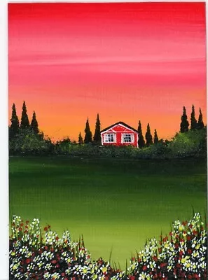 ACEO Original Acrylic Sunset Little Cottage Garden Meadow Mini Painting HYMES • $0.99