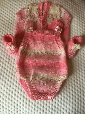 Hand Knitted Pink Multicoloured Patterned Baby Romper Set 0-3 Months • £17