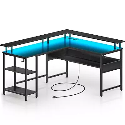 Computer Desk L Shaped 59.4  With LED Lights And Power Outlets Reversible L ... • $178.43