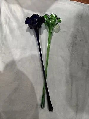 Pair Of Murano(?) Glassware HandBlown Glass Flowers With Stem 19” Blue Green • $100