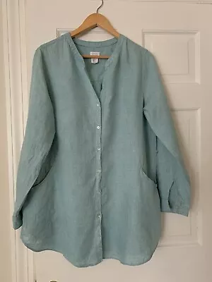 SIGRID OLSEN 100% LINEN Green  BLUE  Sz M Runs Large Pockets Shirt Top • $9.99