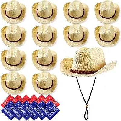 SATINIOR 12 Set Straw Cowboy Hats And Bandanas Leather Trim Style Beige  • $76.17