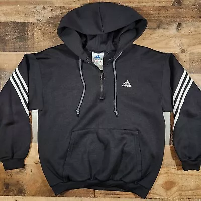 Vintage 90s Adidas Hoodie Sweatshirt Small Black 1/4 Zip Pullover Trefoil Y2K • $28.88