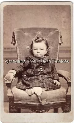 Antique CDV Photo Darling Litte Boy I'd Harry Mueller W Plaid Dress & Chair • $2.95