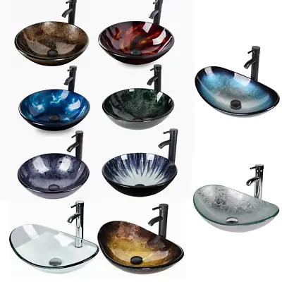 Bathroom Vessel Sink Faucet Combo Vanity Basin Bowl Tempered Glass Pop Up Drain • $89.99