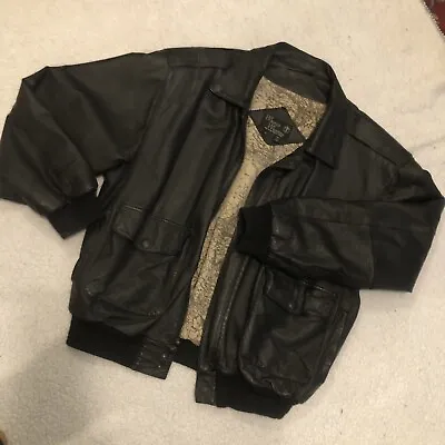 Vintage Leather Bomber Jacket Black Marco Morani 1980s Around The World Flight • $56.99