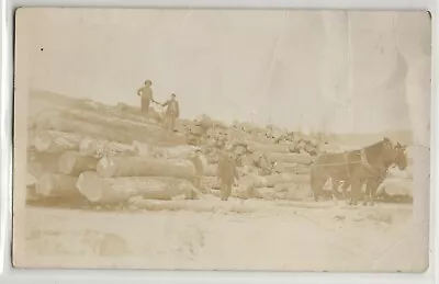 Lumberjacks With Piles Of Logs Horse-drawn Michigan? Photo Postcard RPPC • $8