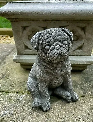 Sitting Pug Stone Statue |Outdoor Stone Puppy Dog Bulldog Animal Garden Ornament • £25.99