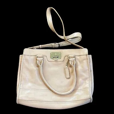 Cole Haan Leather Tote Bag Lock Hardware Shoulder Bag Crossbody Purse Cream • $20.39