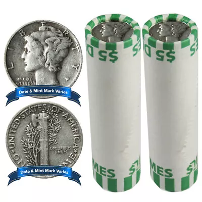 2 Rolls Of 50 - $10 Face Value Full Dates 90% Silver Mercury Dimes • $214.89