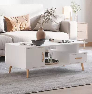 Coffee Table Storage Unit Wood Rectangular With Shelves & Drawer White • £64.95