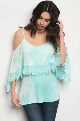 Mint Tie Dye Cold Shoulder Top Size Small Fringe Accent Jersey Knit • $21.95