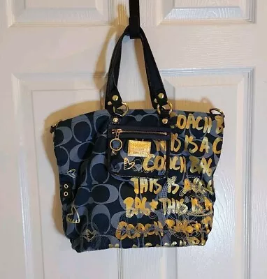 Coach Poppy Rare Appliqué Graffiti Script Spotlight Tote Bag 14542 Blue & Gold • $164.99