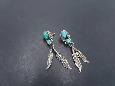 Sterling Silver & Turquoise Dangling Feather Earrings Signed RB 4.6g • £2.61