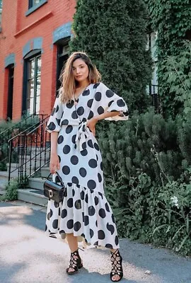 H&M POPULAR TREND Lyocell Wrap Over White Black Polka Dot Dress BLOGGER STYLE • $49.99