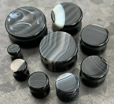 PAIR Black & White Striped Agate Natural Stone Double Flare Plugs Organic Gauges • $15.95