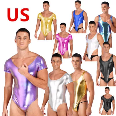 US Men Bodysuit Short Sleeve Thong Shiny PVC Leather One-piece Bodycon Leotard • $8.49