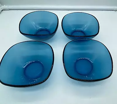 4 Vereco France  Blue Glass Square Fruit Dessert Bowl 2 H  4.25 W    E11 • $16.95