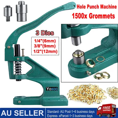 Grommet Eyelet Hole Punch Machine Hand Press Tool & 3 Dies With 1500 Grommets AU • $58.99