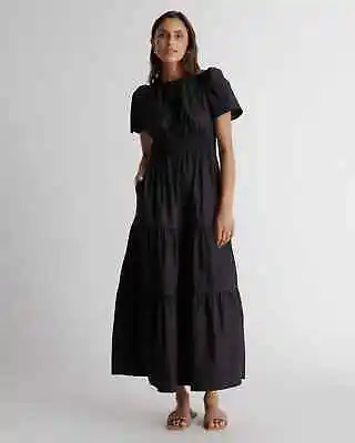 Quince Black Organic Cotton Tiered Maxi Dress Sz S Women's Pockets Poplin Fabric • $39.95